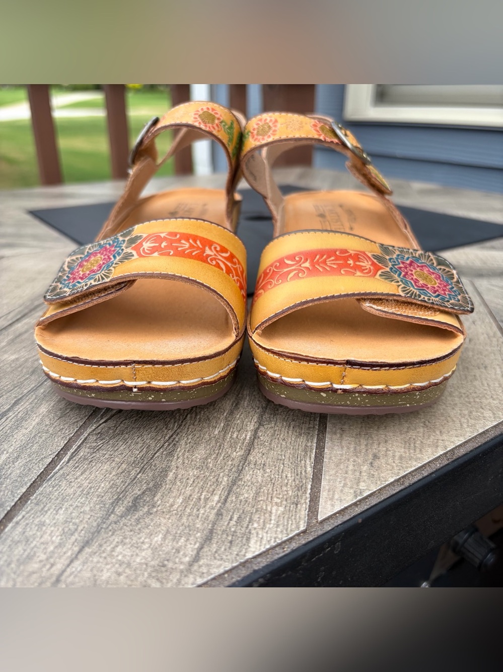L'Artiste Spring Step 38 US 8 Natural Yellow Leather Wedge Sandal Roshni NWOB - Picture 7 of 11